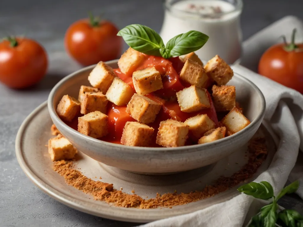 Croutons e creme de tomate com leite de coco.