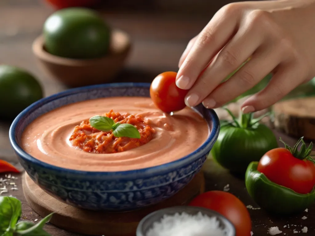 Pessoa preparando o creme de tomate com leite de coco