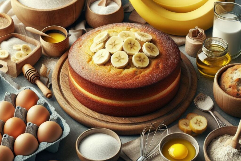 Bolo de banana tradicional e ingredientes.