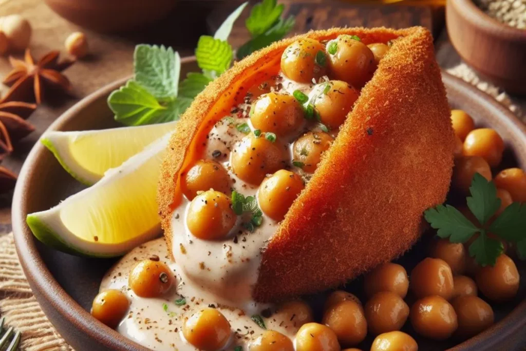 Coxinha de grão-de-bico com molho cremoso.