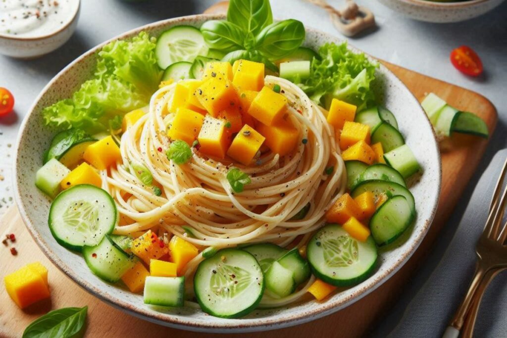 Macarrão com salada de pepino e manga.