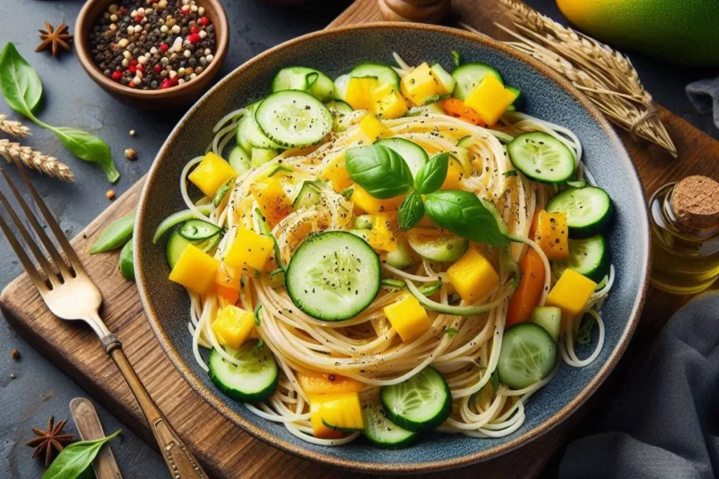 Macarronada com salada de pepino e manga.