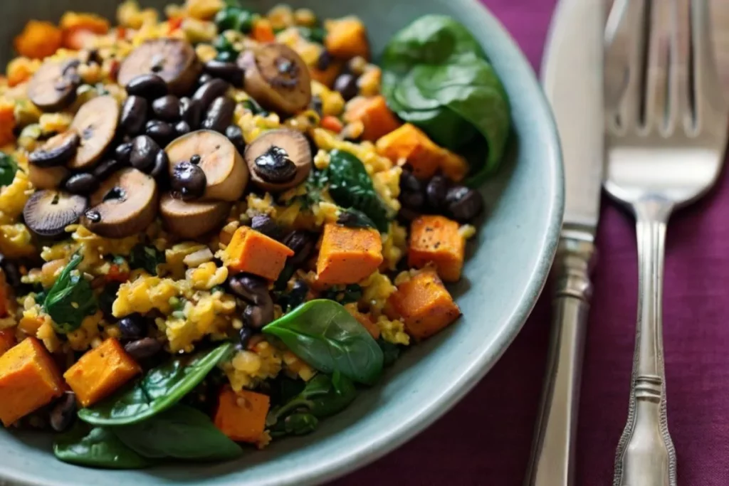 mexido de batata-doce com cogumelos, espinafre, feijão-preto e quinoa.