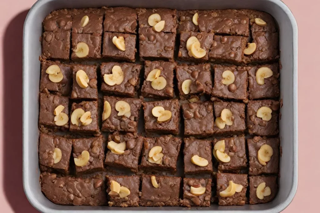 Pedaços de brownie na assadeira.