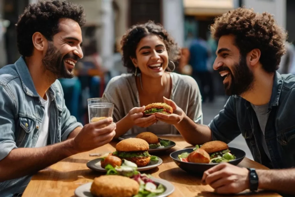 Pessoas comendo hambúguer.