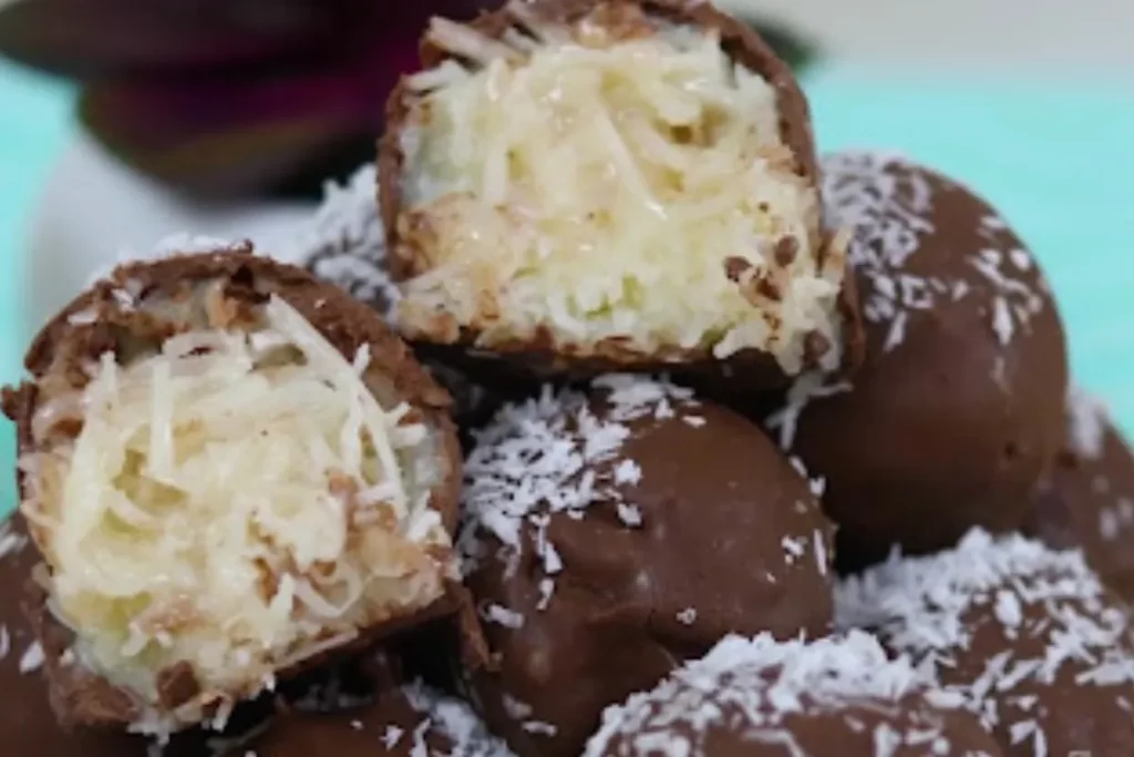 Receitas deliciosas bombom de chocolate, coco e palha italiana