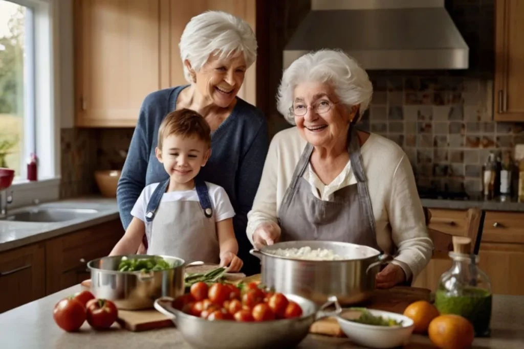 Avó, mãe e neto cozinhando.