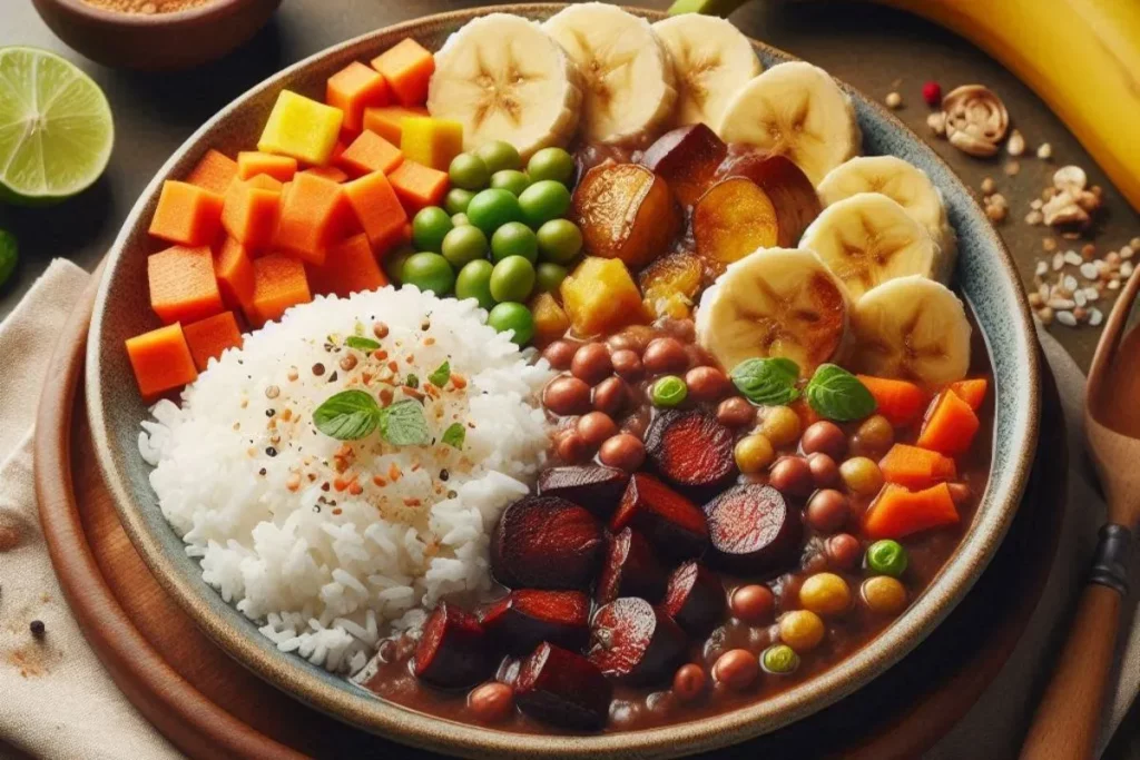 Prato completo com feijoada vegetariana.