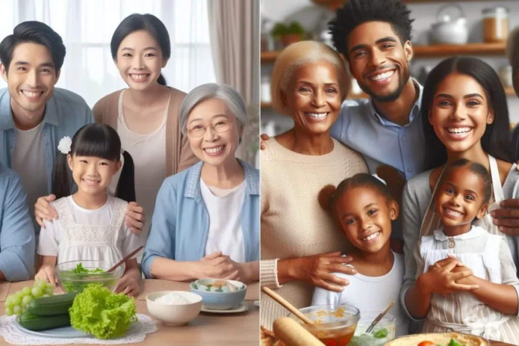 Famílias reunidas para cozinhar.