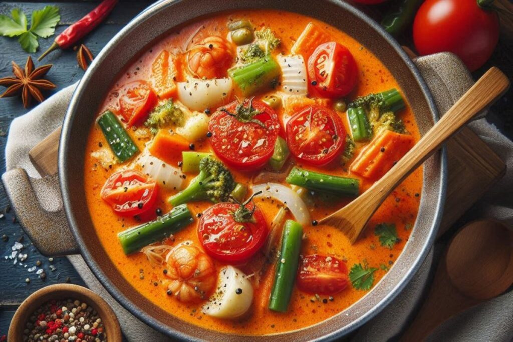 Sopa de tomate e leite de coco com vegetais.